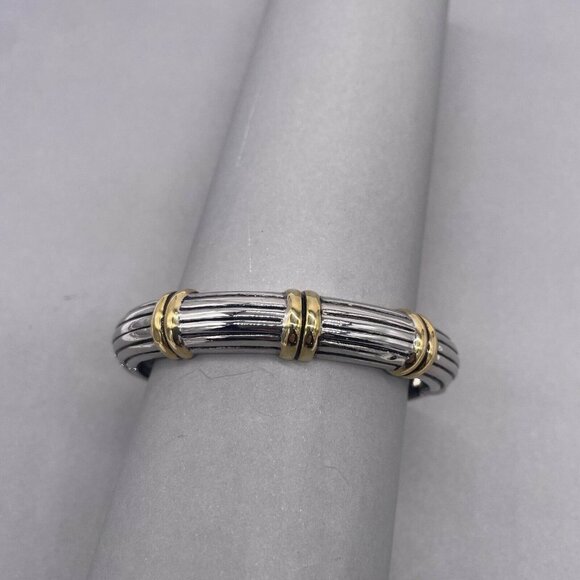 Elegant Ribbed Byzantine Style Hinge Bangle Bracelet Silver and Gold Tone - Picture 4 of 4